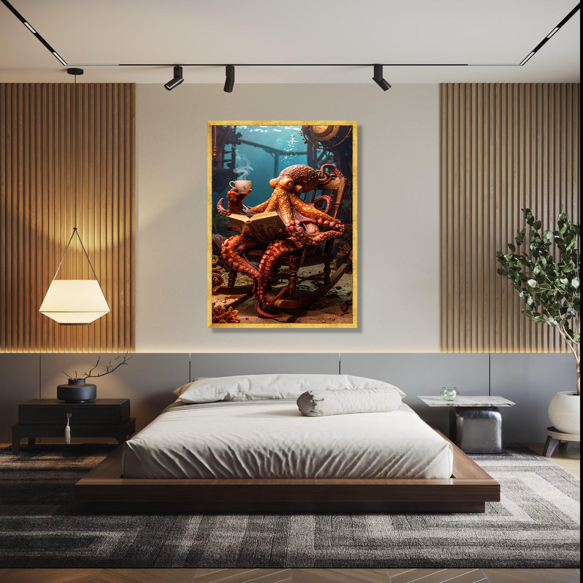 Whimsical Octopus Reading Canvas, Underwater Fantasy Wall Art, Marine Life Decor, Steampunk Submarine Scene, Gift Art, Home Decor, Print