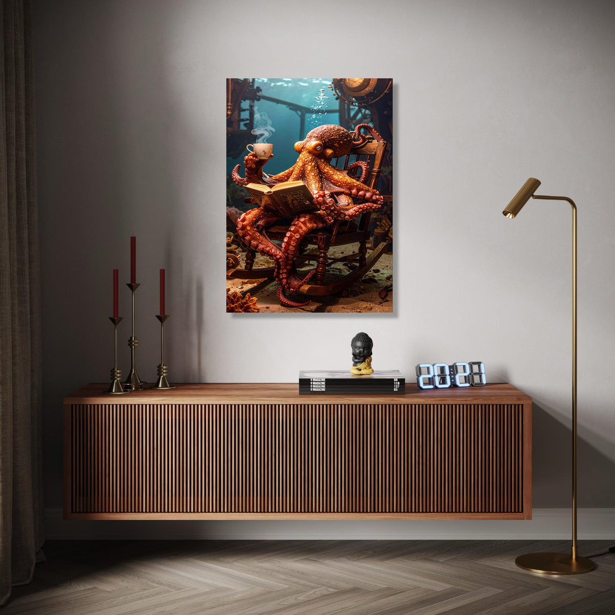 Whimsical Octopus Reading Canvas, Underwater Fantasy Wall Art, Marine Life Decor, Steampunk Submarine Scene, Gift Art, Home Decor, Print