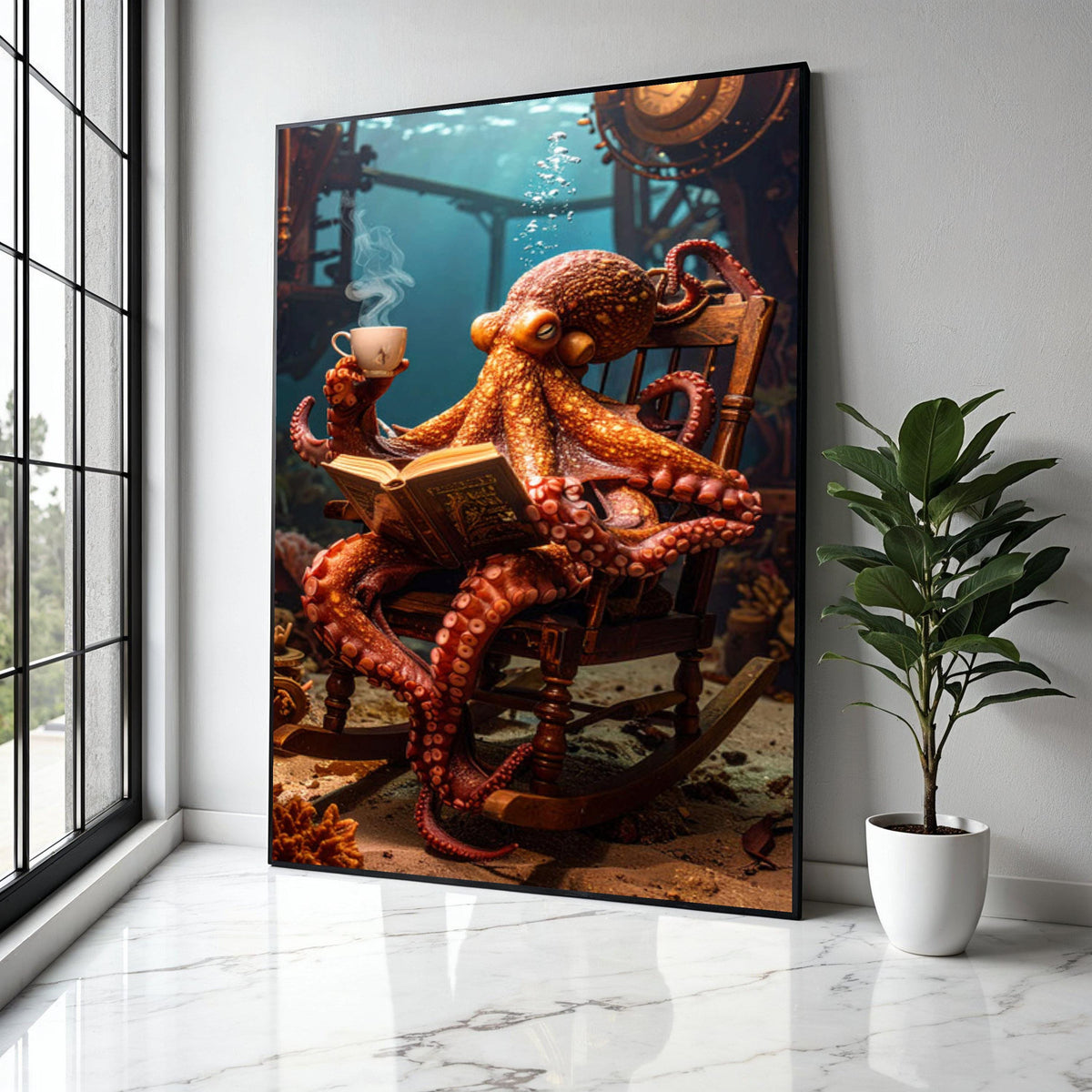 Whimsical Octopus Reading Canvas, Underwater Fantasy Wall Art, Marine Life Decor, Steampunk Submarine Scene, Gift Art, Home Decor, Print