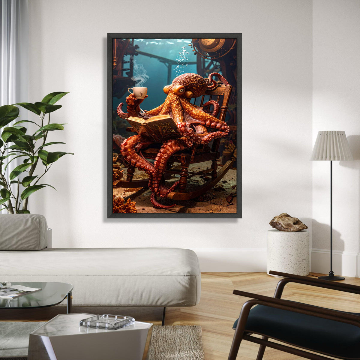 Whimsical Octopus Reading Canvas, Underwater Fantasy Wall Art, Marine Life Decor, Steampunk Submarine Scene, Gift Art, Home Decor, Print