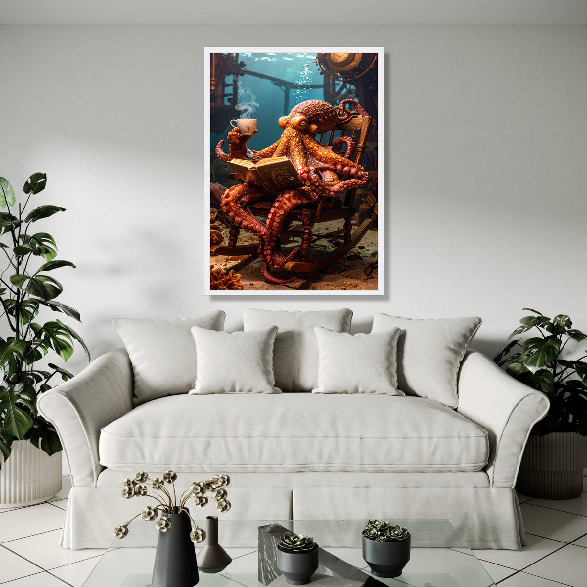 Whimsical Octopus Reading Canvas, Underwater Fantasy Wall Art, Marine Life Decor, Steampunk Submarine Scene, Gift Art, Home Decor, Print