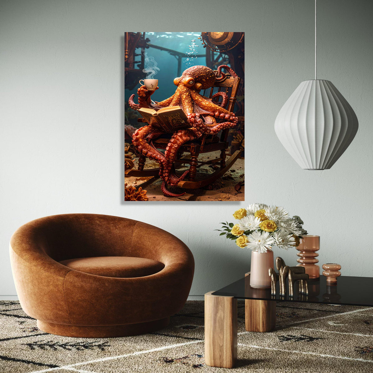 Whimsical Octopus Reading Canvas, Underwater Fantasy Wall Art, Marine Life Decor, Steampunk Submarine Scene, Gift Art, Home Decor, Print