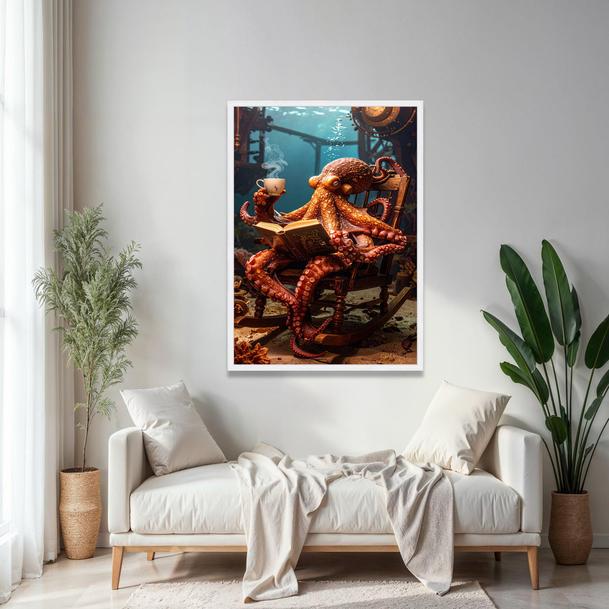 Whimsical Octopus Reading Canvas, Underwater Fantasy Wall Art, Marine Life Decor, Steampunk Submarine Scene, Gift Art, Home Decor, Print