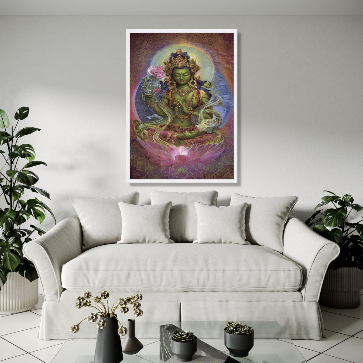 Green Tara Goddess Canvas Wall Art, Tibetan Buddhist Spiritual Painting, Lotus Flower Meditation Decor, Sacred Gift Art, Home Decor, Print
