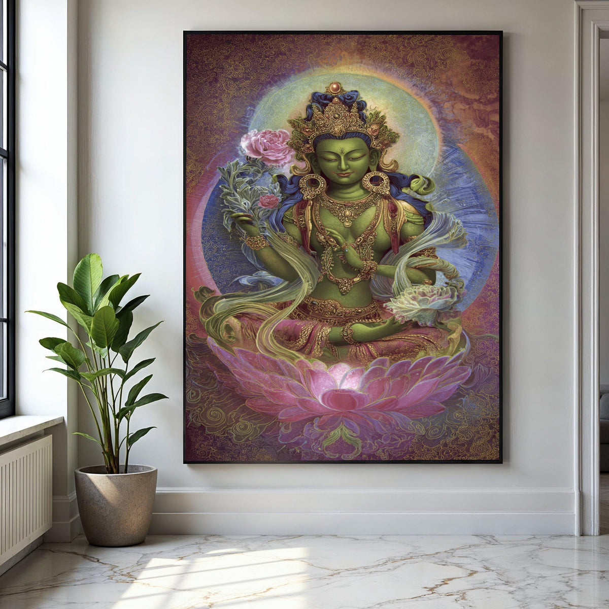 Green Tara Goddess Canvas Wall Art, Tibetan Buddhist Spiritual Painting, Lotus Flower Meditation Decor, Sacred Gift Art, Home Decor, Print