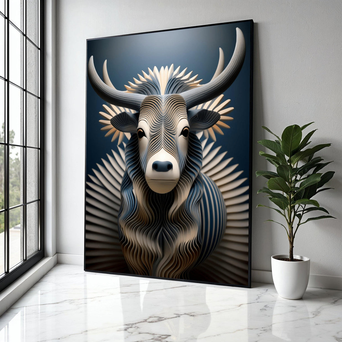 Modern Abstract Bull Canvas Wall Art, Geometric Animal Sculpture Design, Blue and Beige Decorative Canvas, Gift Art, Home Decor, Print