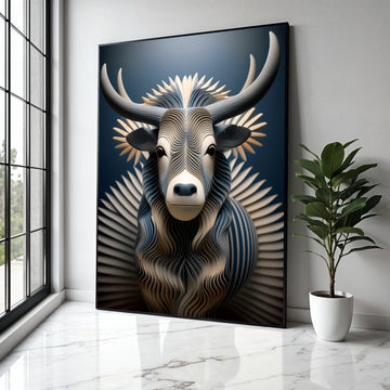 Modern Abstract Bull Canvas Wall Art, Geometric Animal Sculpture Design, Blue and Beige Decorative Canvas, Gift Art, Home Decor, Print