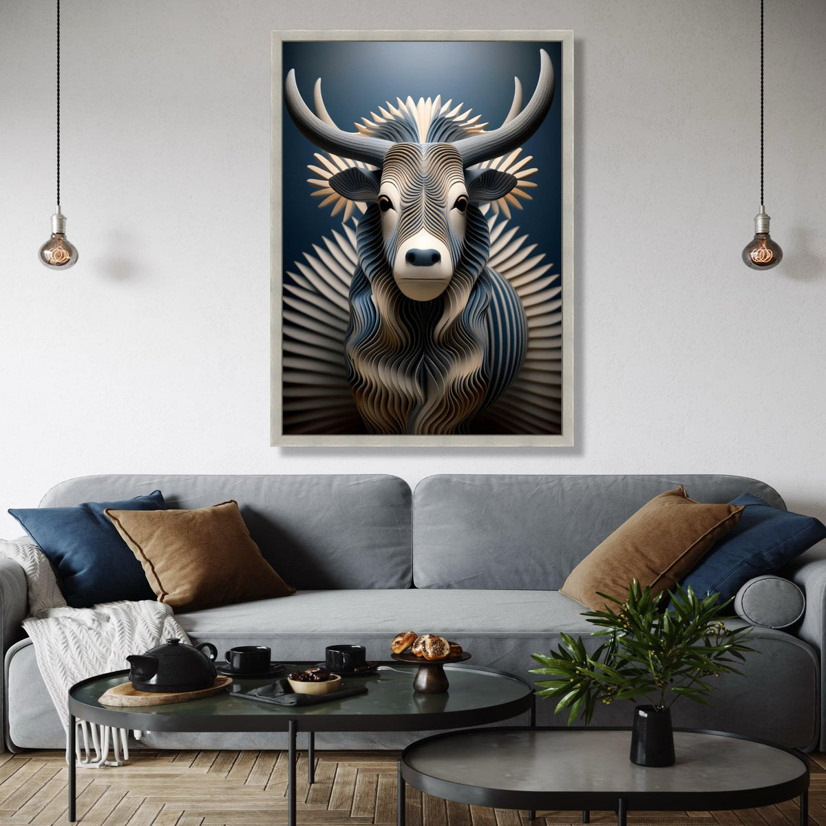 Modern Abstract Bull Canvas Wall Art, Geometric Animal Sculpture Design, Blue and Beige Decorative Canvas, Gift Art, Home Decor, Print