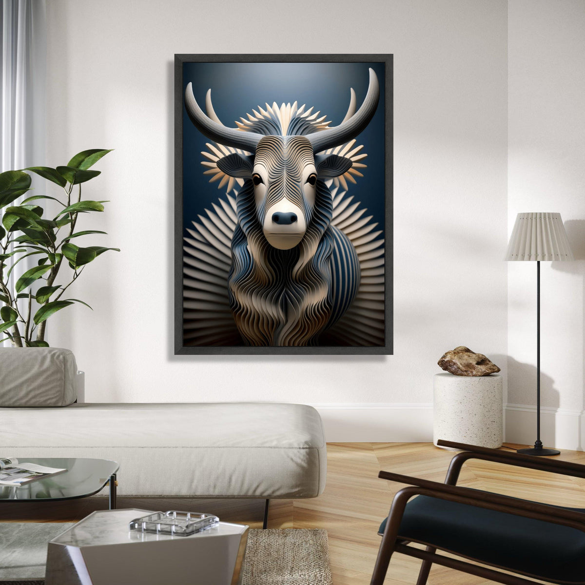 Modern Abstract Bull Canvas Wall Art, Geometric Animal Sculpture Design, Blue and Beige Decorative Canvas, Gift Art, Home Decor, Print