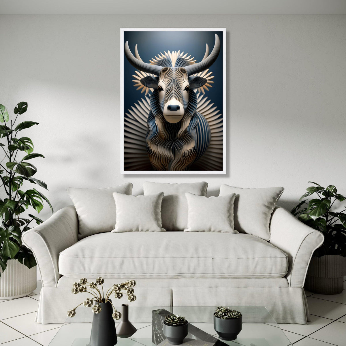 Modern Abstract Bull Canvas Wall Art, Geometric Animal Sculpture Design, Blue and Beige Decorative Canvas, Gift Art, Home Decor, Print