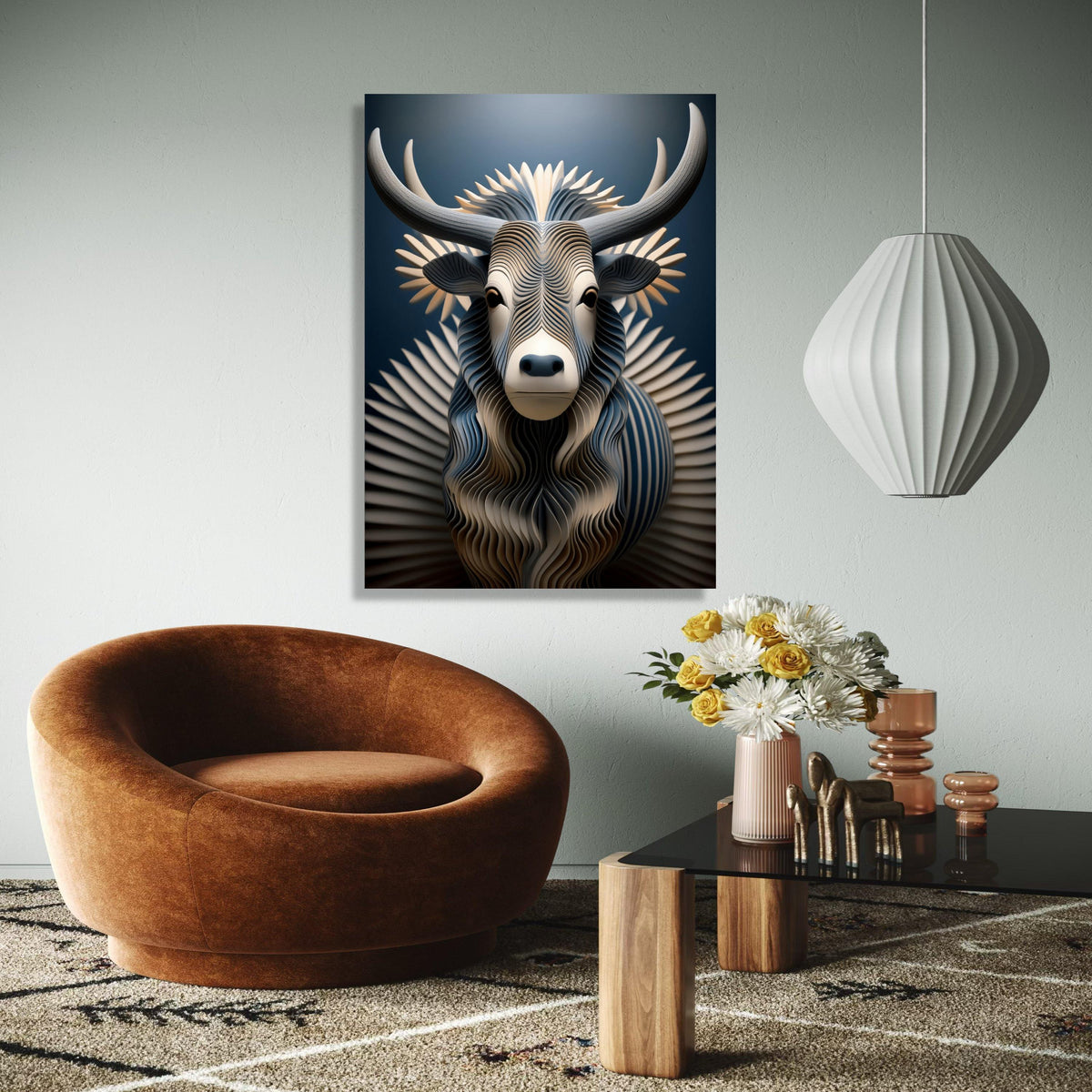 Modern Abstract Bull Canvas Wall Art, Geometric Animal Sculpture Design, Blue and Beige Decorative Canvas, Gift Art, Home Decor, Print