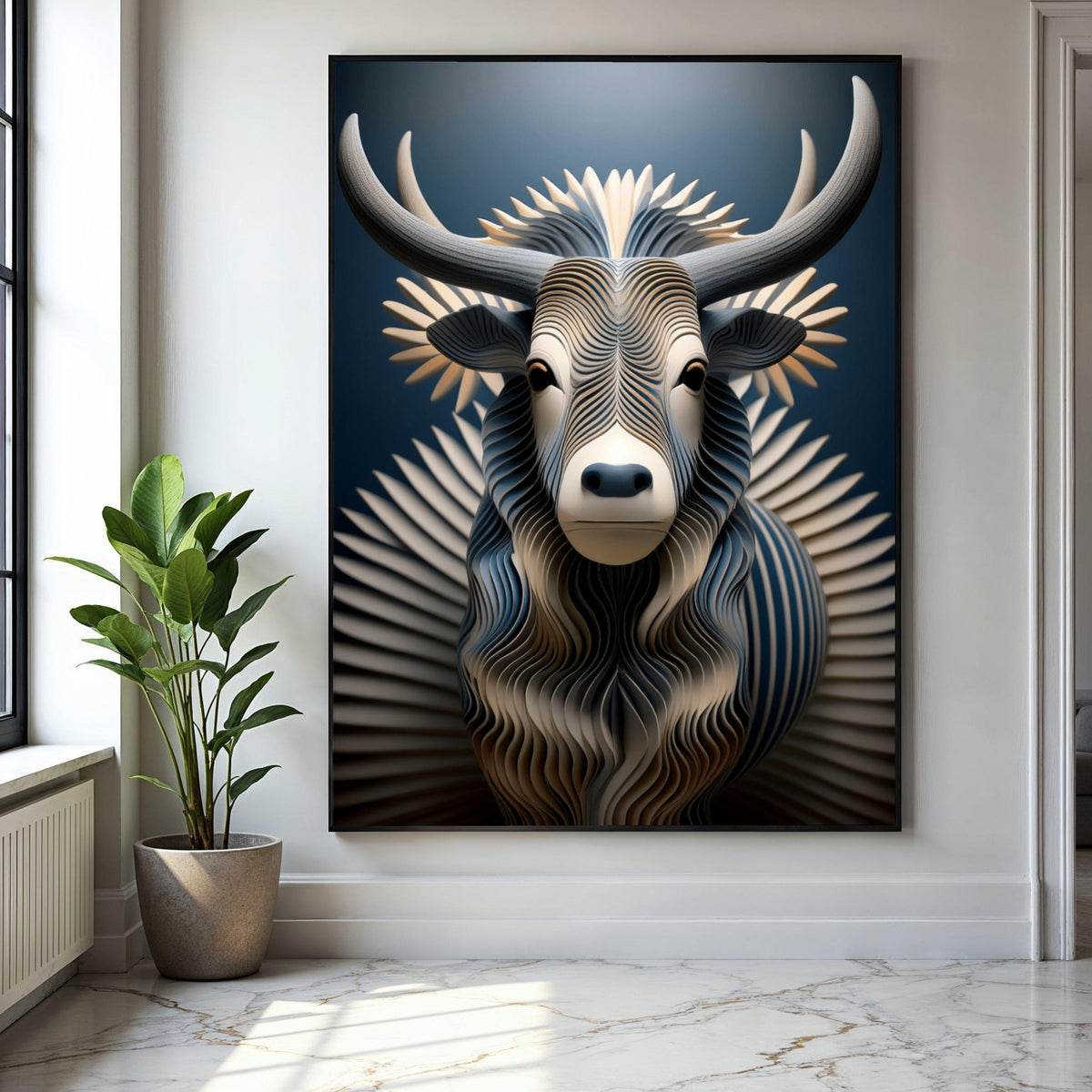 Modern Abstract Bull Canvas Wall Art, Geometric Animal Sculpture Design, Blue and Beige Decorative Canvas, Gift Art, Home Decor, Print