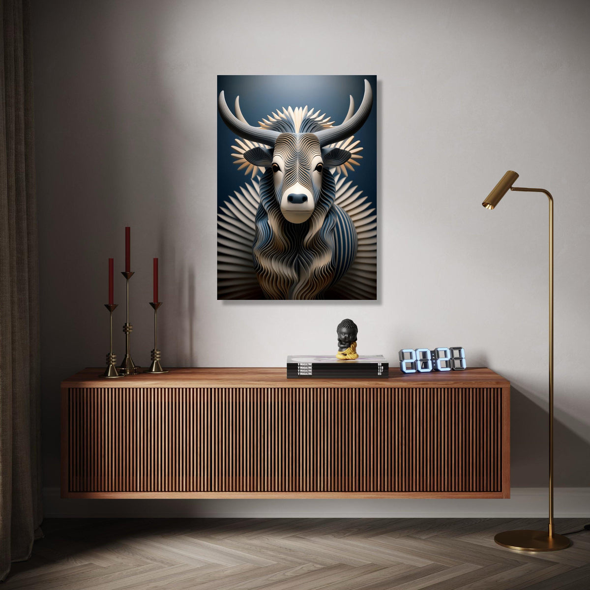 Modern Abstract Bull Canvas Wall Art, Geometric Animal Sculpture Design, Blue and Beige Decorative Canvas, Gift Art, Home Decor, Print