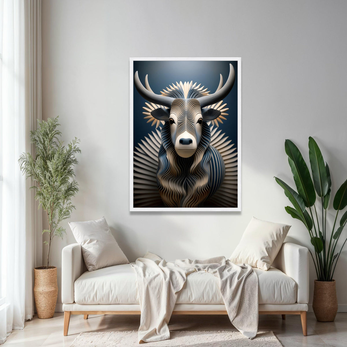 Modern Abstract Bull Canvas Wall Art, Geometric Animal Sculpture Design, Blue and Beige Decorative Canvas, Gift Art, Home Decor, Print