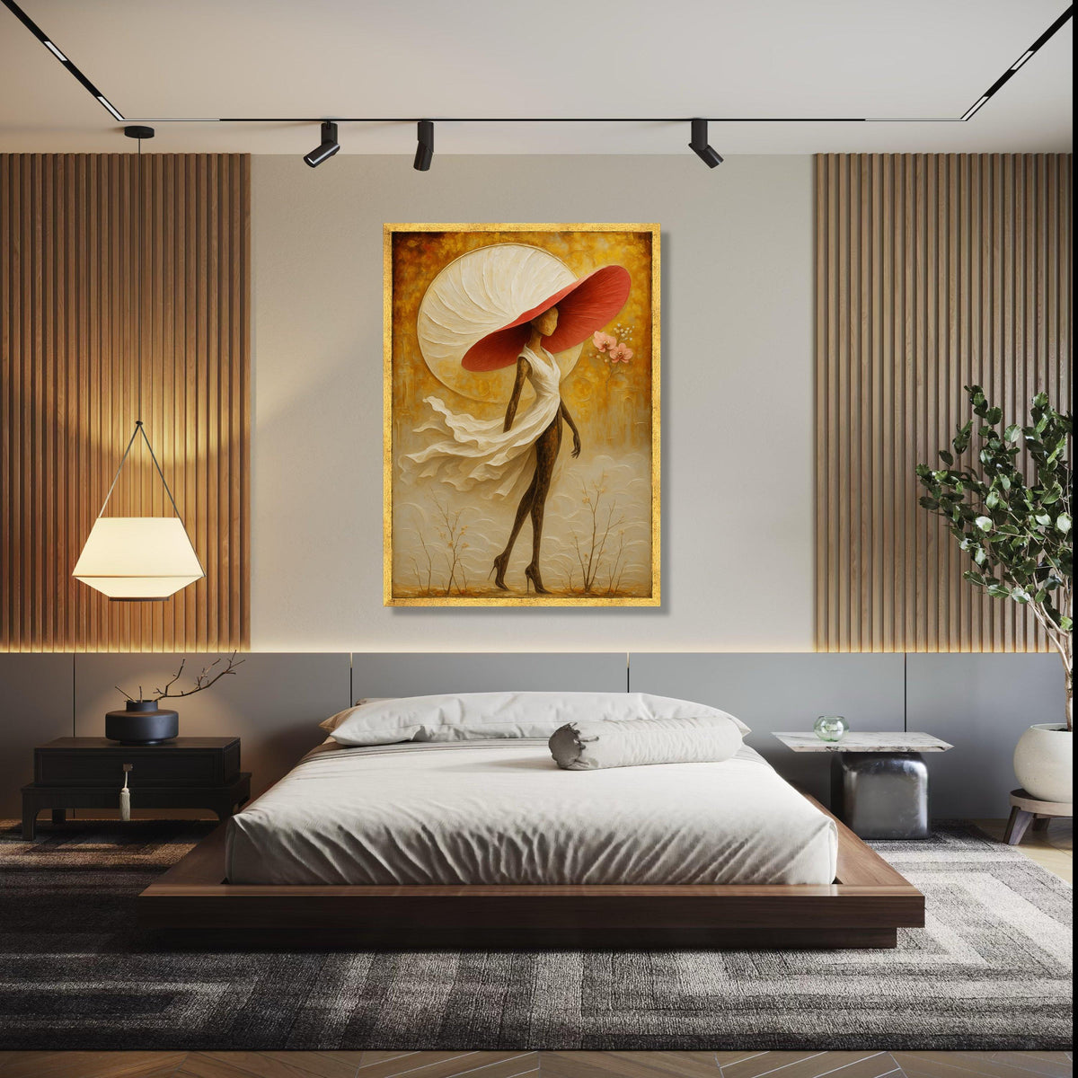 Elegant Woman in Flowing Dress Canvas, Abstract Figurative Art, Large Red Hat Wall Art, Contemporary Home Gift Art, Home Decor, Print