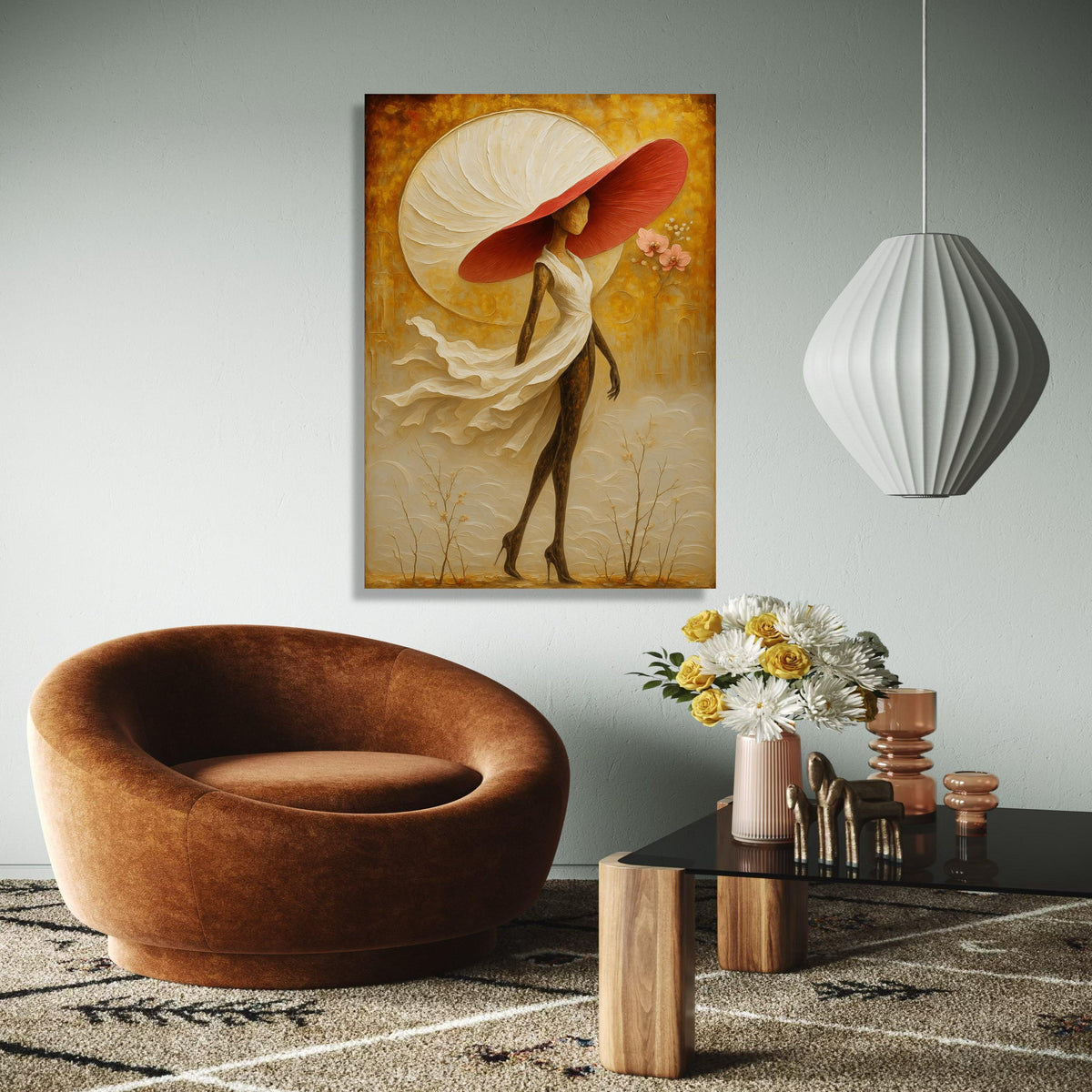 Elegant Woman in Flowing Dress Canvas, Abstract Figurative Art, Large Red Hat Wall Art, Contemporary Home Gift Art, Home Decor, Print