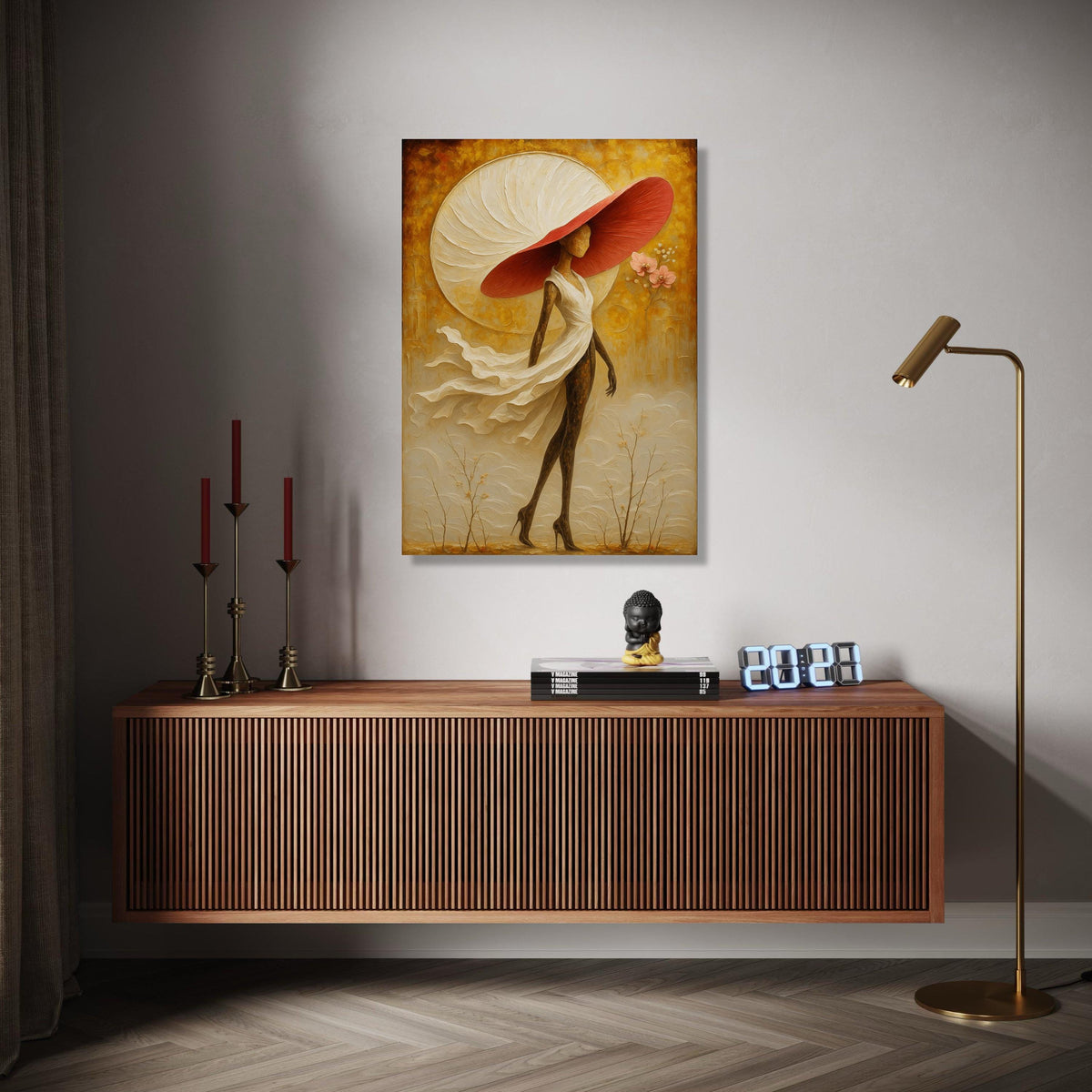 Elegant Woman in Flowing Dress Canvas, Abstract Figurative Art, Large Red Hat Wall Art, Contemporary Home Gift Art, Home Decor, Print