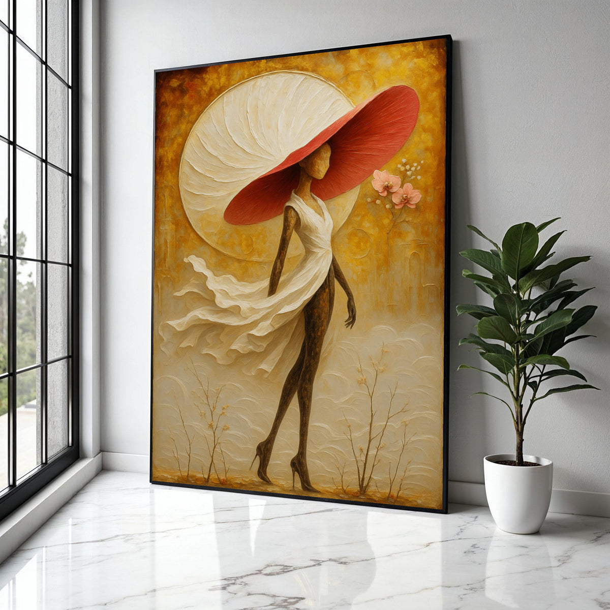 Elegant Woman in Flowing Dress Canvas, Abstract Figurative Art, Large Red Hat Wall Art, Contemporary Home Gift Art, Home Decor, Print