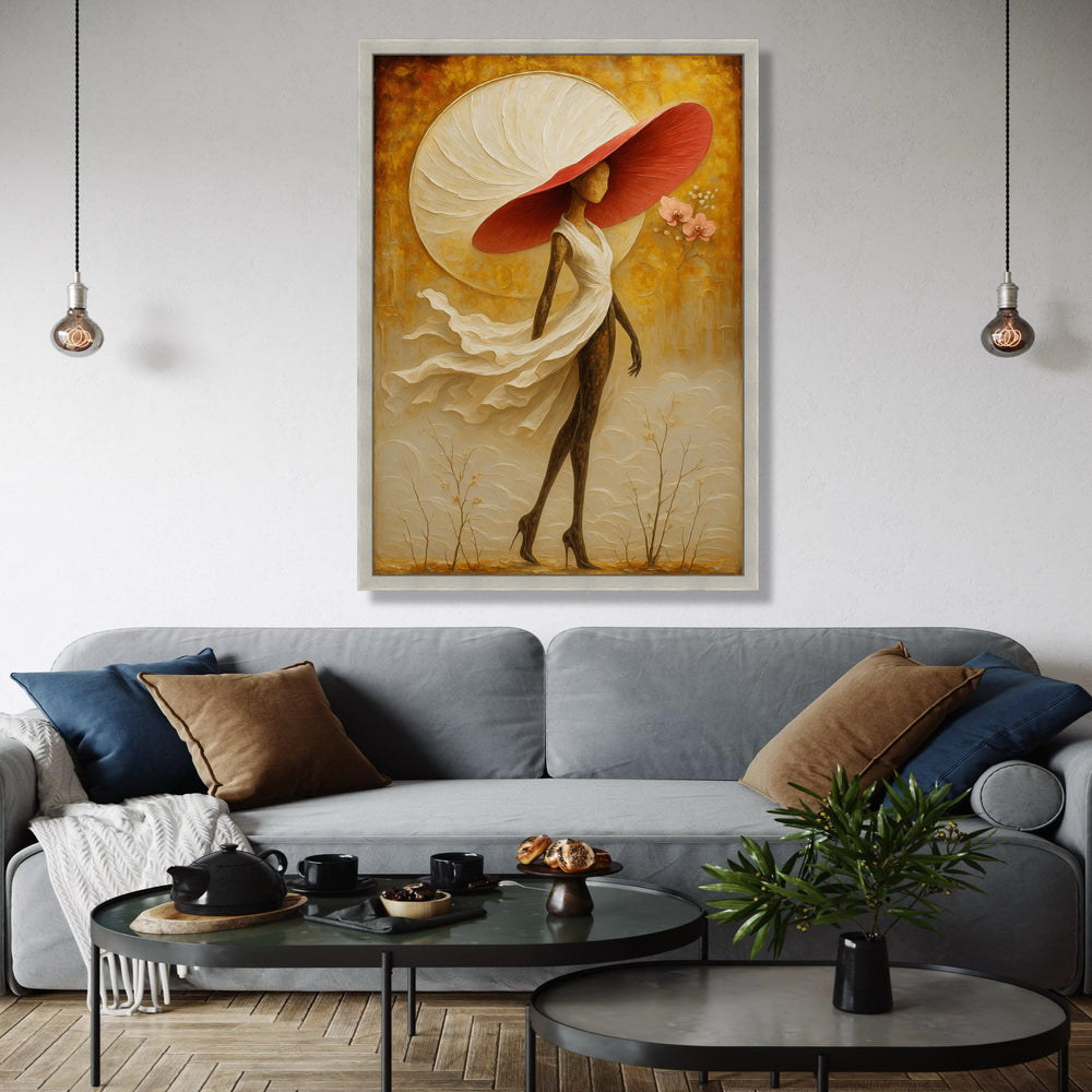 Elegant Woman in Flowing Dress Canvas, Abstract Figurative Art, Large Red Hat Wall Art, Contemporary Home Gift Art, Home Decor, Print