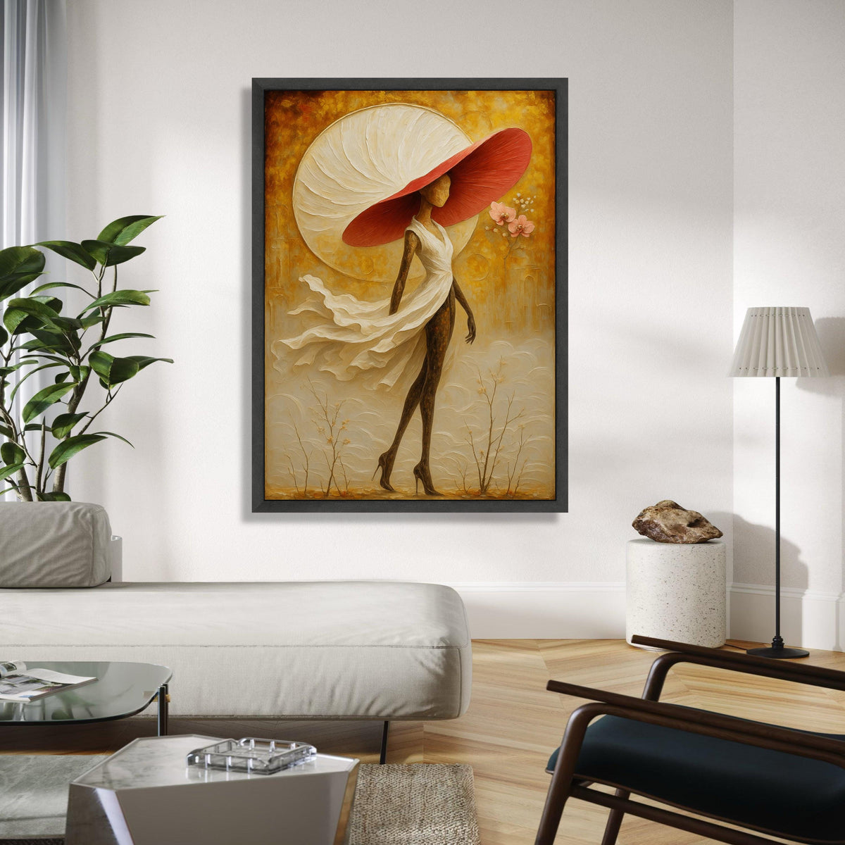 Elegant Woman in Flowing Dress Canvas, Abstract Figurative Art, Large Red Hat Wall Art, Contemporary Home Gift Art, Home Decor, Print