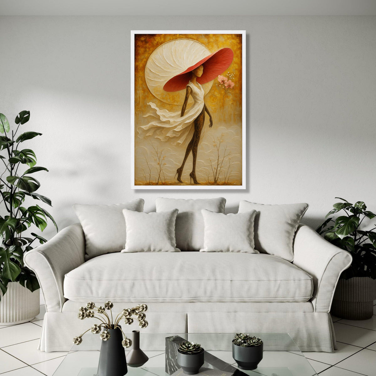 Elegant Woman in Flowing Dress Canvas, Abstract Figurative Art, Large Red Hat Wall Art, Contemporary Home Gift Art, Home Decor, Print