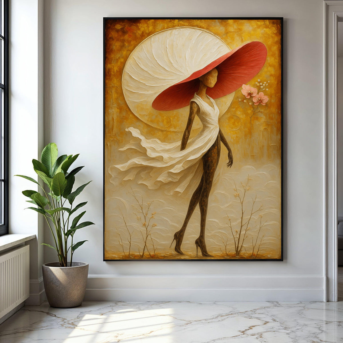 Elegant Woman in Flowing Dress Canvas, Abstract Figurative Art, Large Red Hat Wall Art, Contemporary Home Gift Art, Home Decor, Print