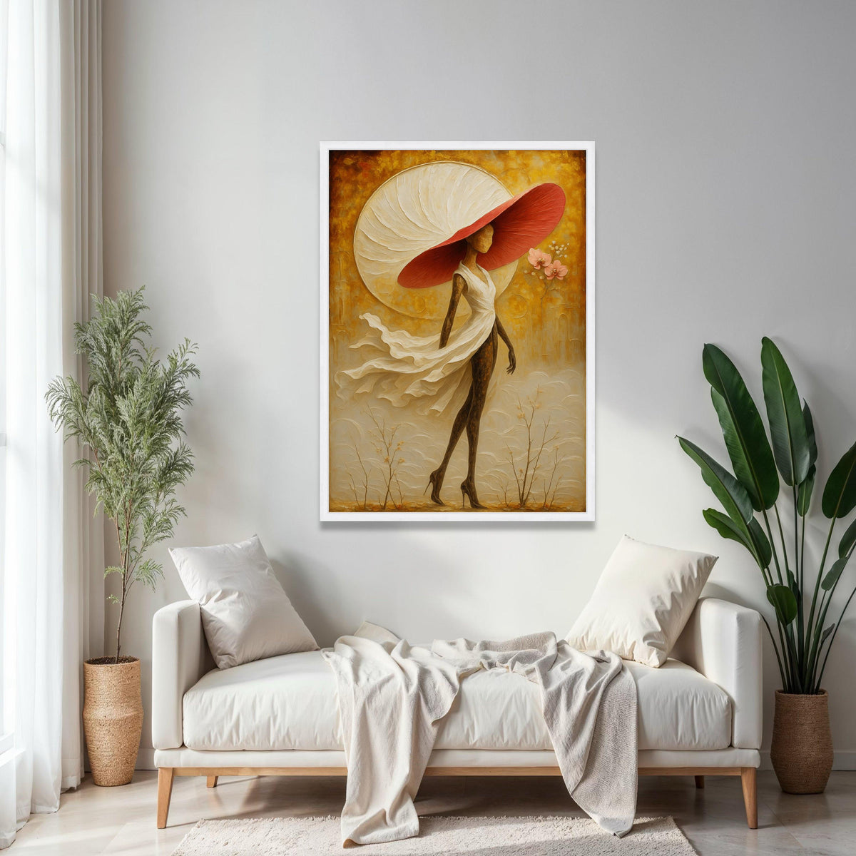 Elegant Woman in Flowing Dress Canvas, Abstract Figurative Art, Large Red Hat Wall Art, Contemporary Home Gift Art, Home Decor, Print