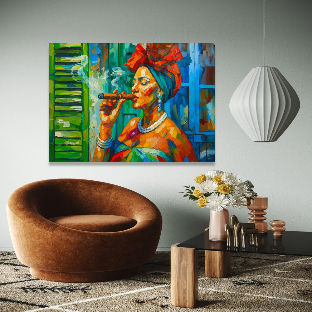 Vibrant Cuban Woman Smoking Cigar, Colorful Abstract Portrait Canvas, Caribbean Culture Wall Art, Bold Gift Art, Home Decor, Print
