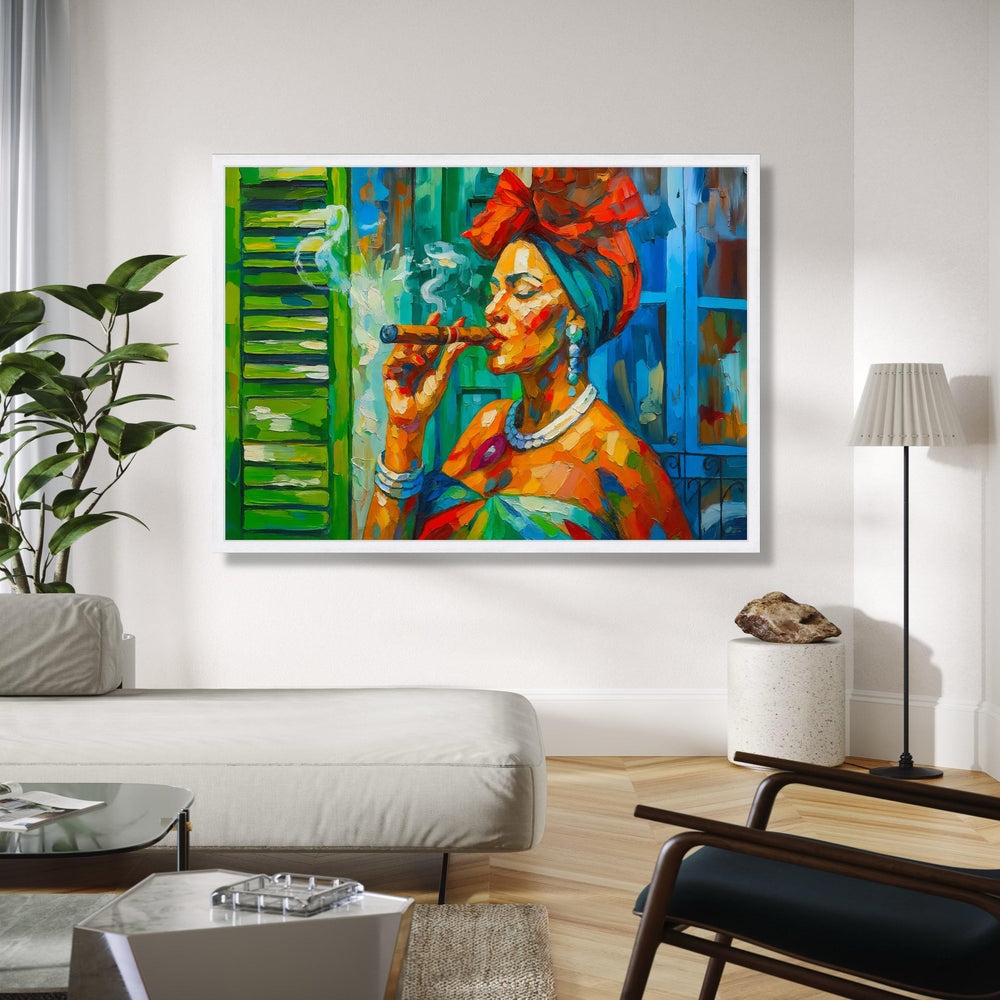 Vibrant Cuban Woman Smoking Cigar, Colorful Abstract Portrait Canvas, Caribbean Culture Wall Art, Bold Gift Art, Home Decor, Print