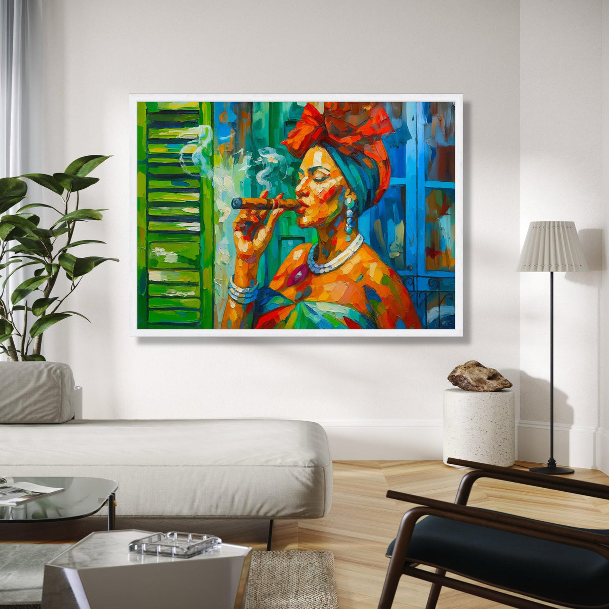 Vibrant Cuban Woman Smoking Cigar, Colorful Abstract Portrait Canvas, Caribbean Culture Wall Art, Bold Gift Art, Home Decor, Print