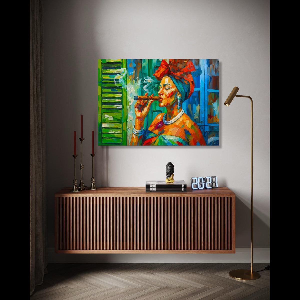 Vibrant Cuban Woman Smoking Cigar, Colorful Abstract Portrait Canvas, Caribbean Culture Wall Art, Bold Gift Art, Home Decor, Print