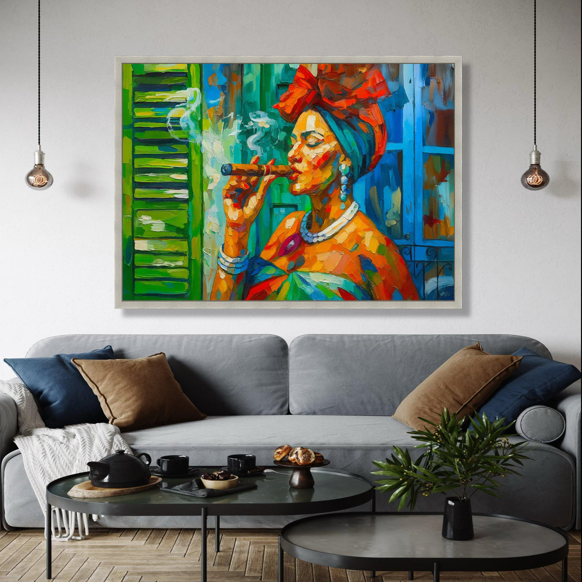 Vibrant Cuban Woman Smoking Cigar, Colorful Abstract Portrait Canvas, Caribbean Culture Wall Art, Bold Gift Art, Home Decor, Print