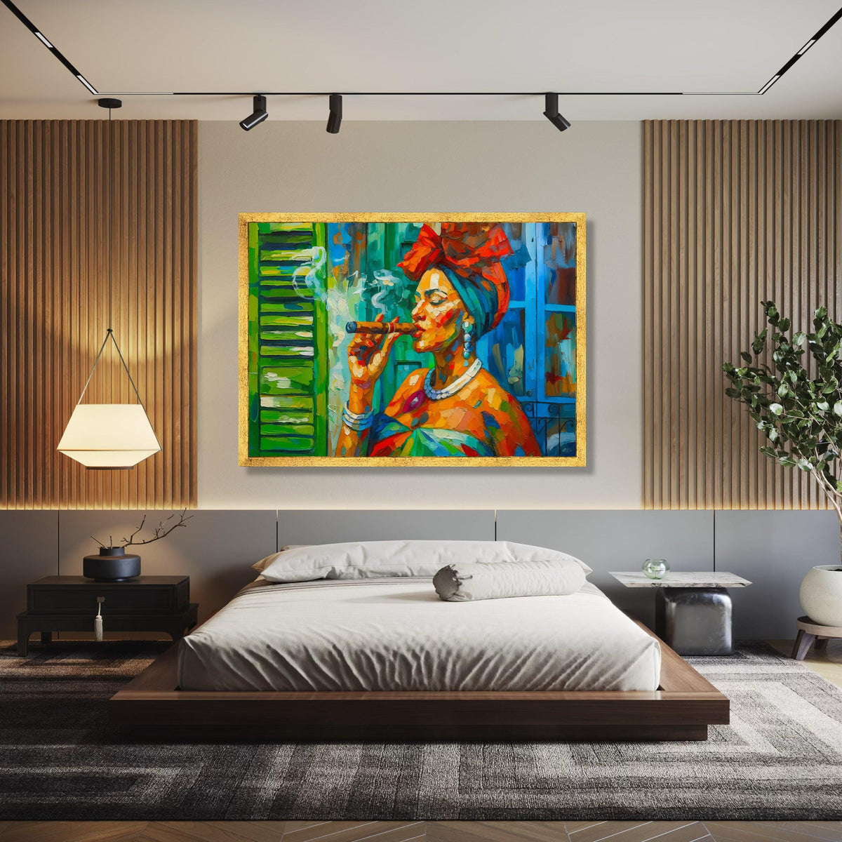 Vibrant Cuban Woman Smoking Cigar, Colorful Abstract Portrait Canvas, Caribbean Culture Wall Art, Bold Gift Art, Home Decor, Print