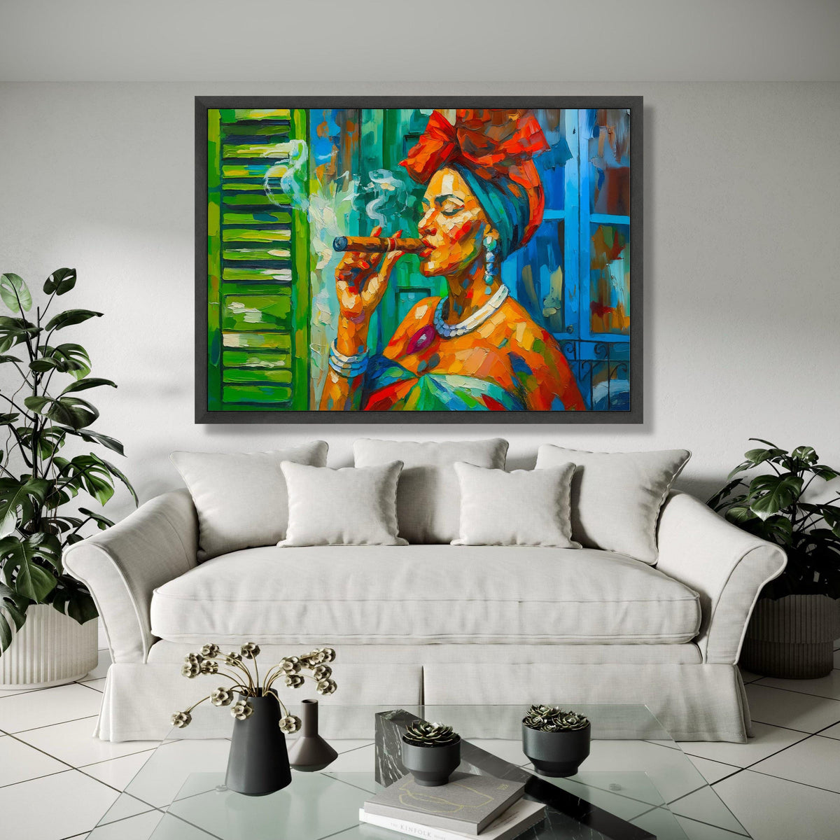Vibrant Cuban Woman Smoking Cigar, Colorful Abstract Portrait Canvas, Caribbean Culture Wall Art, Bold Gift Art, Home Decor, Print