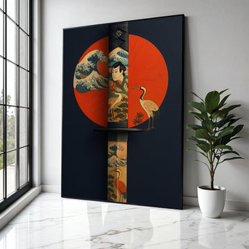 Japanese Katana Sword Canvas Wall Art, Ukiyo-e Style Samurai and Crane Design, Traditional Japanese Tattoo Art, Gift Art, Home Decor, Print