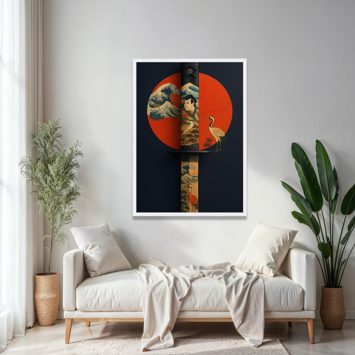 Japanese Katana Sword Canvas Wall Art, Ukiyo-e Style Samurai and Crane Design, Traditional Japanese Tattoo Art, Gift Art, Home Decor, Print