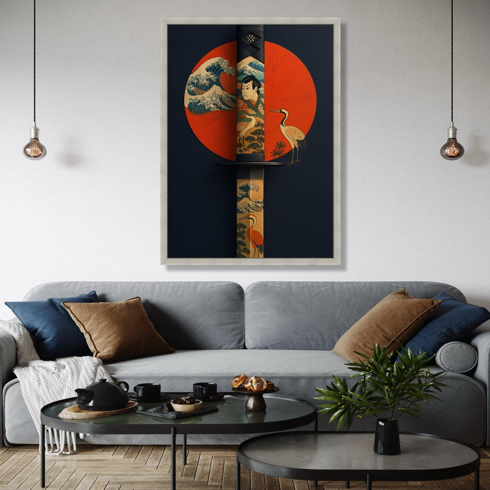 Japanese Katana Sword Canvas Wall Art, Ukiyo-e Style Samurai and Crane Design, Traditional Japanese Tattoo Art, Gift Art, Home Decor, Print