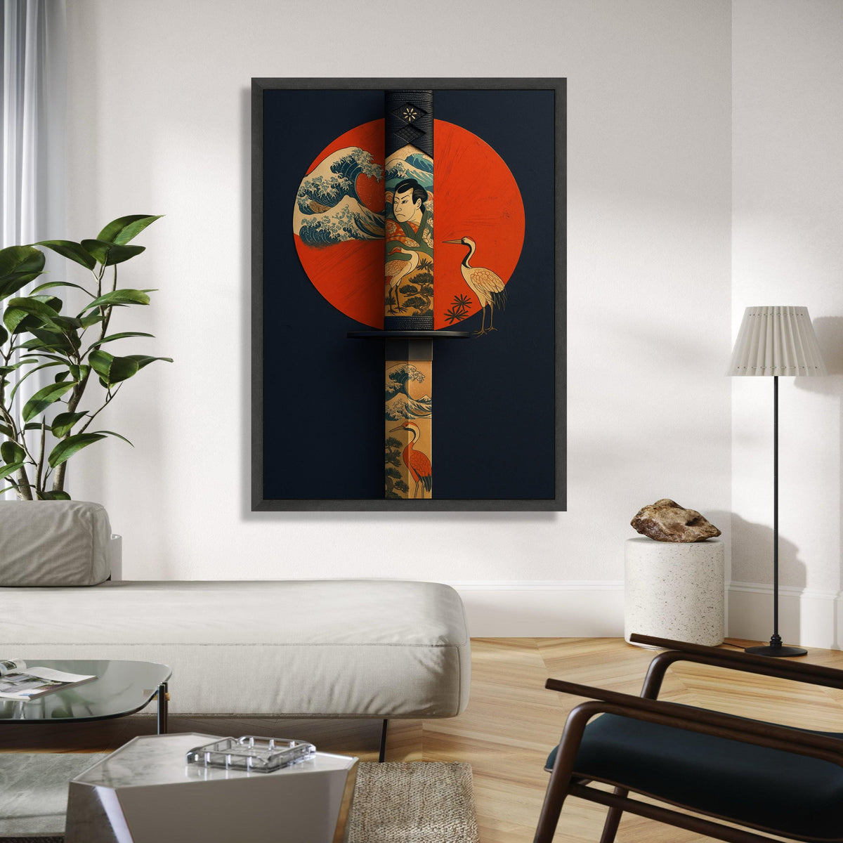Japanese Katana Sword Canvas Wall Art, Ukiyo-e Style Samurai and Crane Design, Traditional Japanese Tattoo Art, Gift Art, Home Decor, Print
