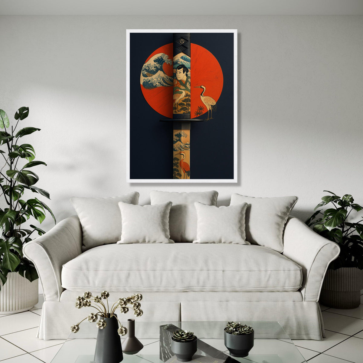 Japanese Katana Sword Canvas Wall Art, Ukiyo-e Style Samurai and Crane Design, Traditional Japanese Tattoo Art, Gift Art, Home Decor, Print