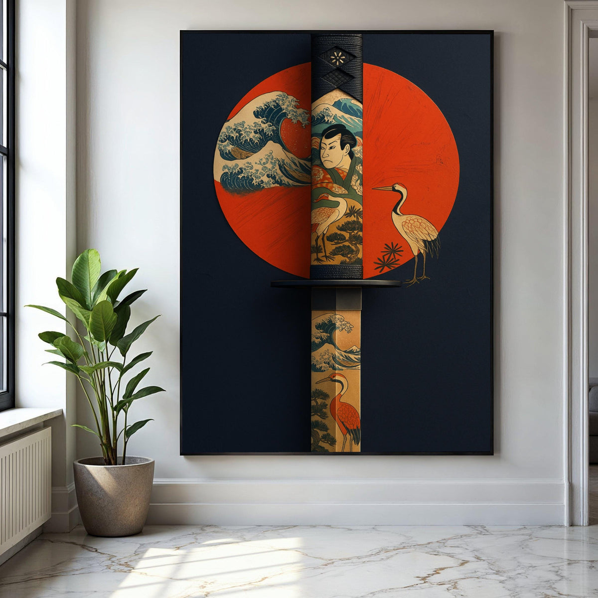 Japanese Katana Sword Canvas Wall Art, Ukiyo-e Style Samurai and Crane Design, Traditional Japanese Tattoo Art, Gift Art, Home Decor, Print