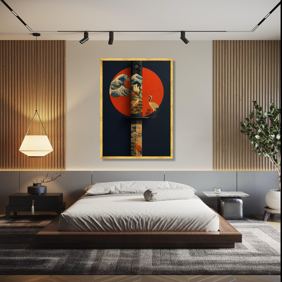 Japanese Katana Sword Canvas Wall Art, Ukiyo-e Style Samurai and Crane Design, Traditional Japanese Tattoo Art, Gift Art, Home Decor, Print