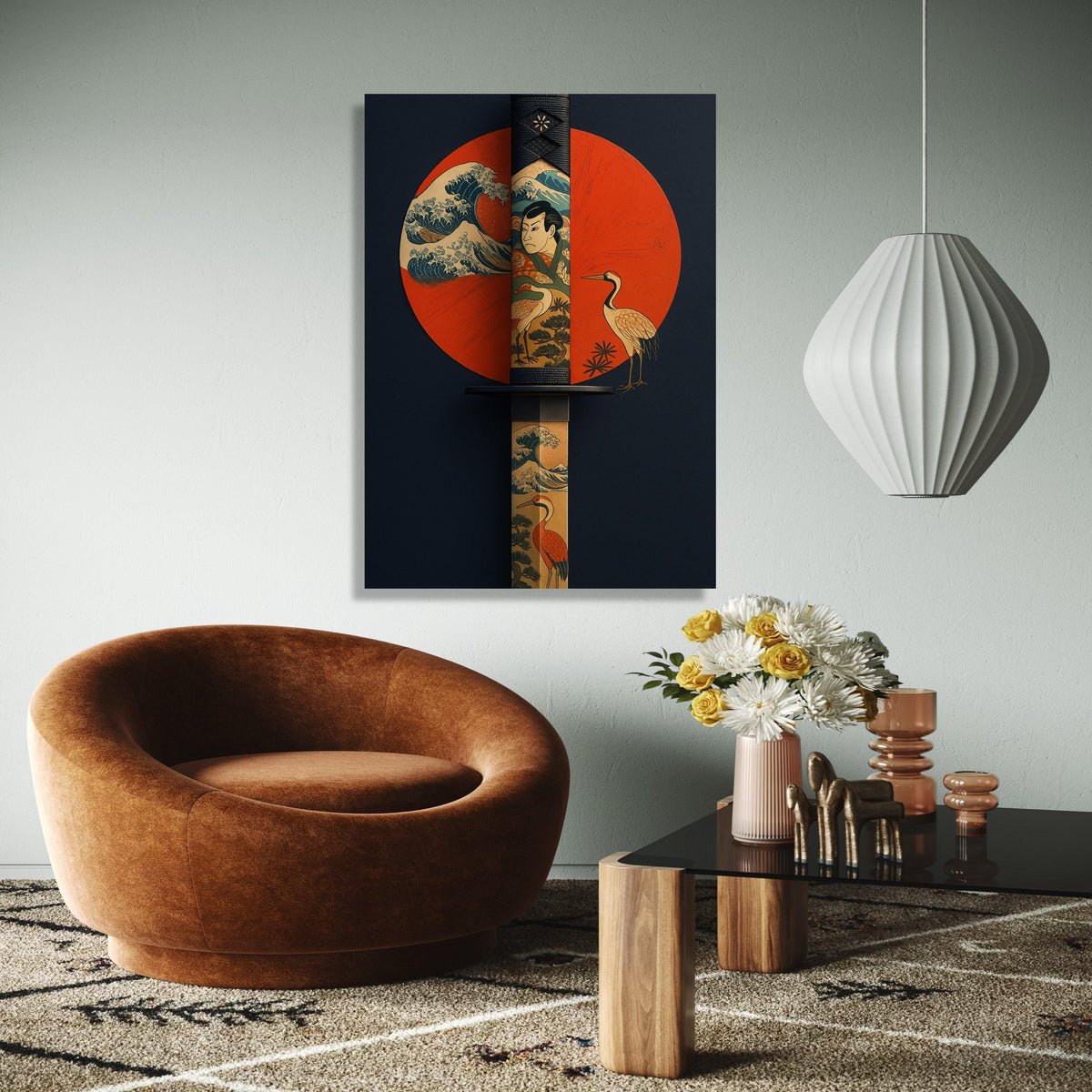 Japanese Katana Sword Canvas Wall Art, Ukiyo-e Style Samurai and Crane Design, Traditional Japanese Tattoo Art, Gift Art, Home Decor, Print