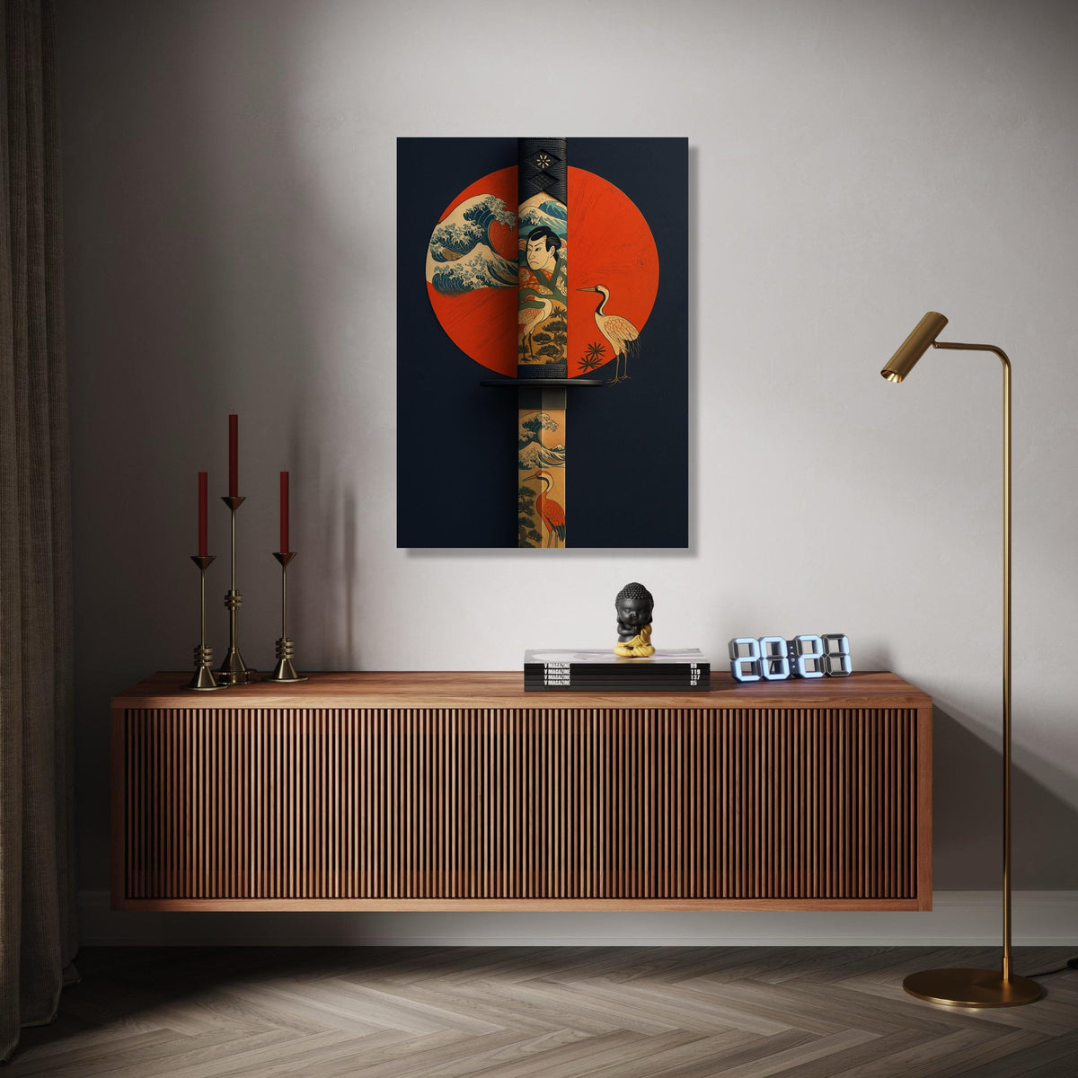 Japanese Katana Sword Canvas Wall Art, Ukiyo-e Style Samurai and Crane Design, Traditional Japanese Tattoo Art, Gift Art, Home Decor, Print