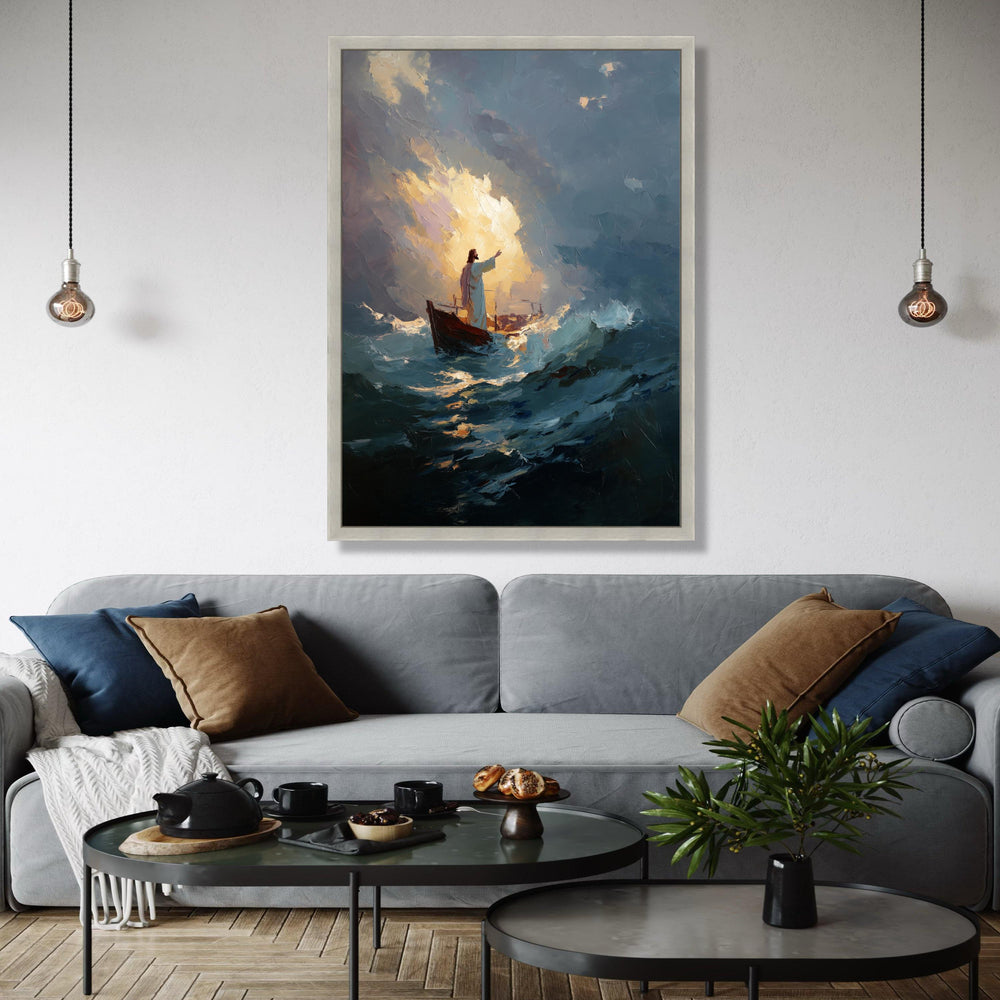Jesus Calming Storm Canvas Wall Art, Inspirational Religious Painting, Spiritual Boat Scene, Dramatic Ocean Gift Art, Home Decor, Print