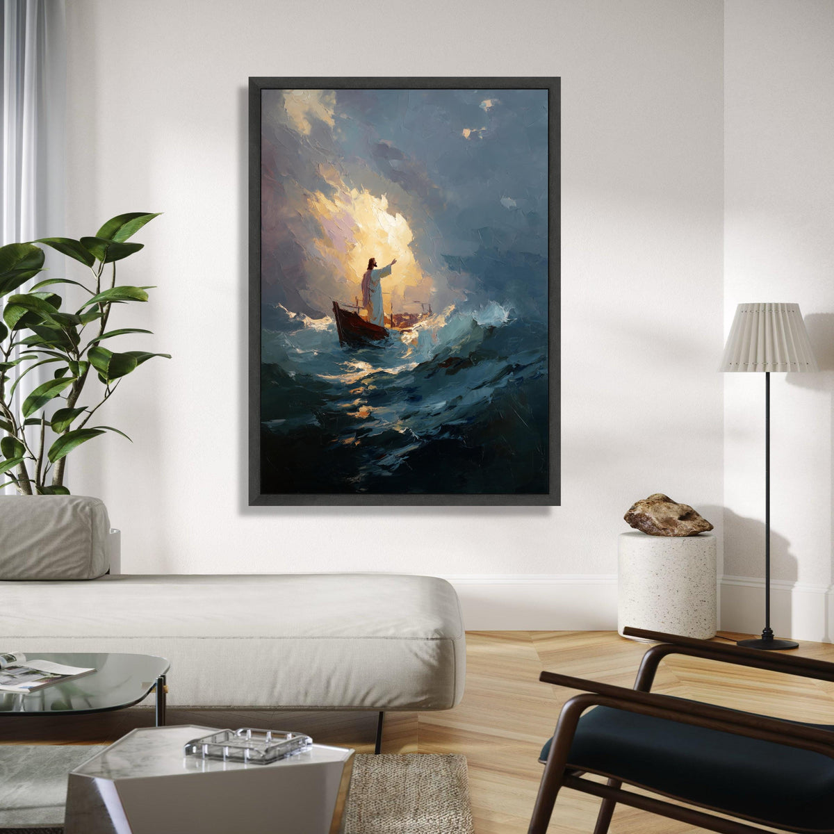 Jesus Calming Storm Canvas Wall Art, Inspirational Religious Painting, Spiritual Boat Scene, Dramatic Ocean Gift Art, Home Decor, Print
