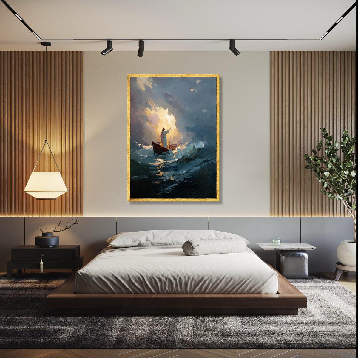 Jesus Calming Storm Canvas Wall Art, Inspirational Religious Painting, Spiritual Boat Scene, Dramatic Ocean Gift Art, Home Decor, Print