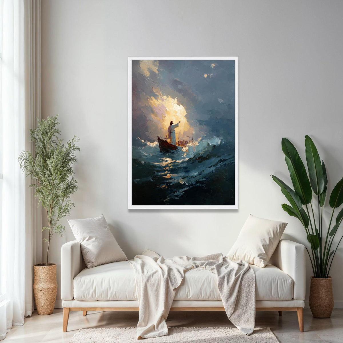 Jesus Calming Storm Canvas Wall Art, Inspirational Religious Painting, Spiritual Boat Scene, Dramatic Ocean Gift Art, Home Decor, Print