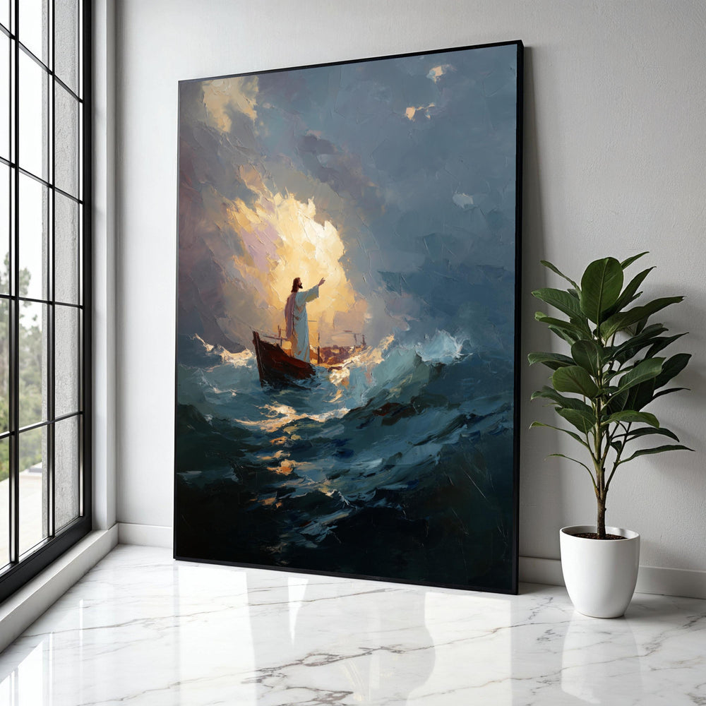 Jesus Calming Storm Canvas Wall Art, Inspirational Religious Painting, Spiritual Boat Scene, Dramatic Ocean Gift Art, Home Decor, Print