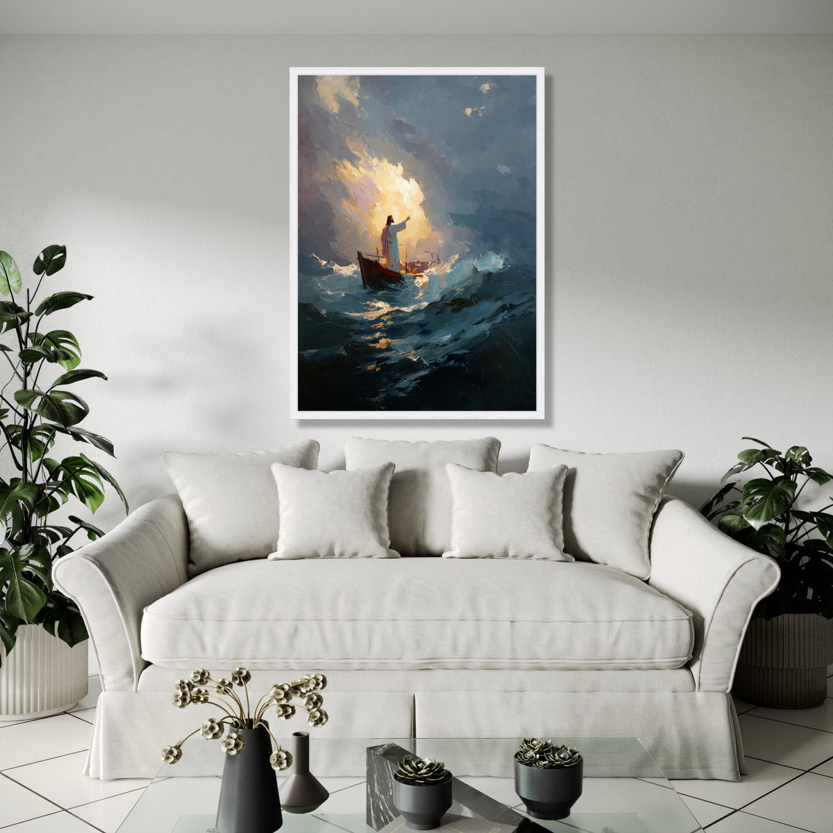 Jesus Calming Storm Canvas Wall Art, Inspirational Religious Painting, Spiritual Boat Scene, Dramatic Ocean Gift Art, Home Decor, Print