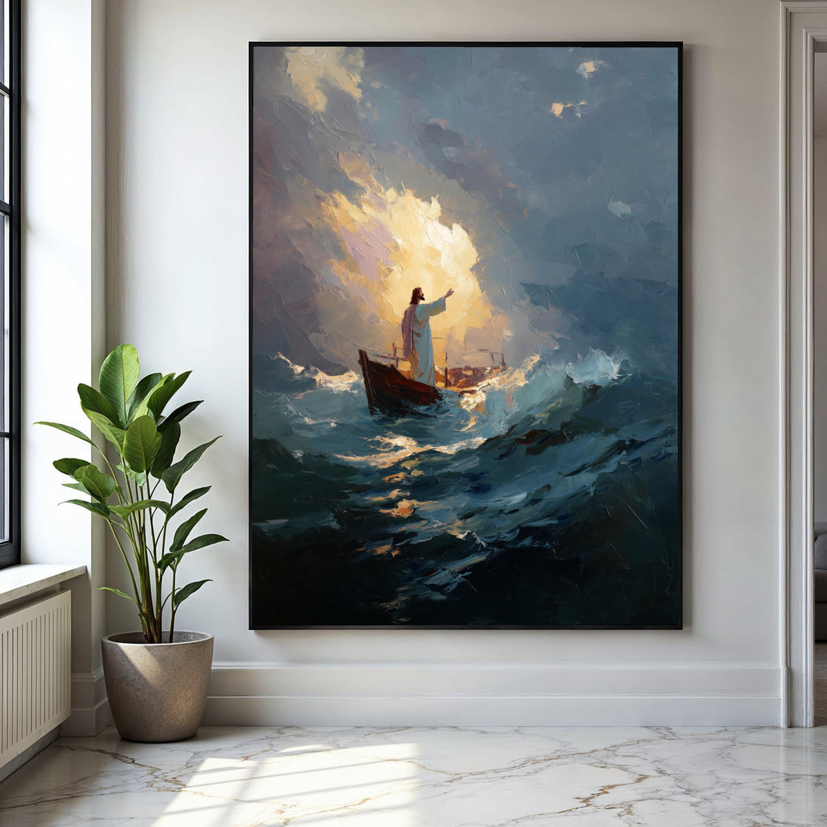 Jesus Calming Storm Canvas Wall Art, Inspirational Religious Painting, Spiritual Boat Scene, Dramatic Ocean Gift Art, Home Decor, Print